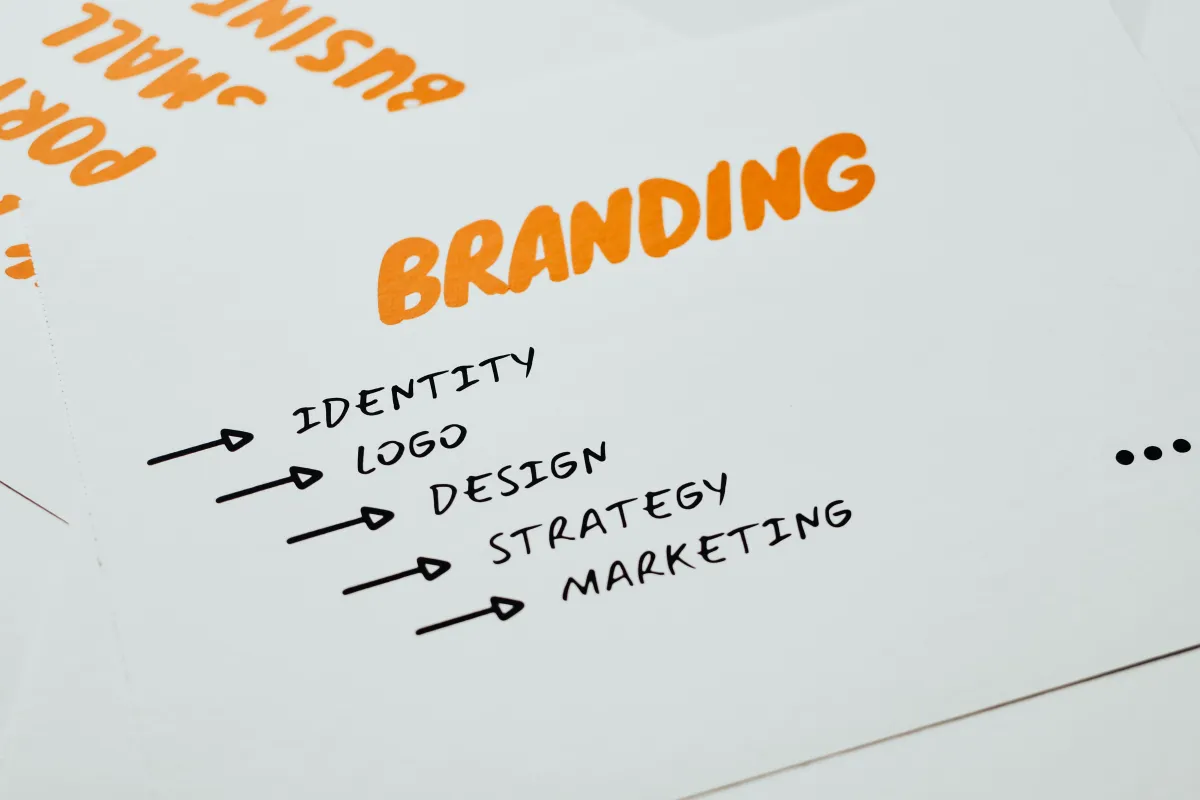 Branding notes listing identity, logo, design, strategy, and marketing